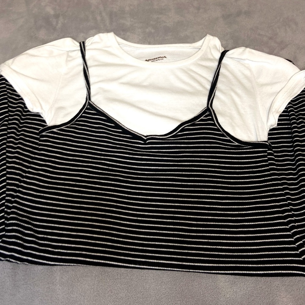 Dress , with  white t shirt , black and white strips